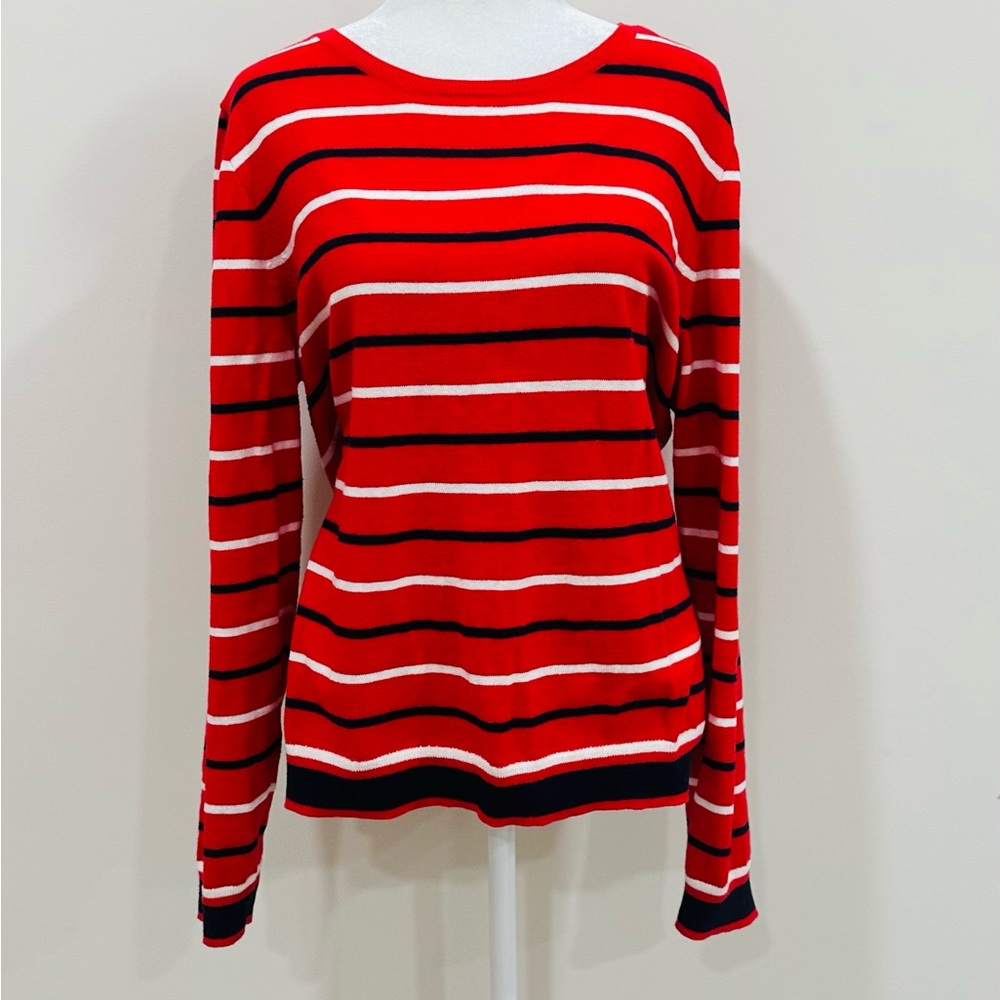 J.crew Mercantile Sweater Large Coral Pink & Navy Stripe Preppy Classic